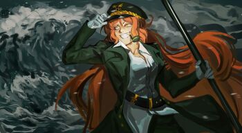 Rule 34 | 1girl, arm up, coat, collared shirt, cowboy shot, gloves, green coat, green hat, green pants, grin, hand up, hat, highres, ishmael (project moon), lapels, limbus company, long hair, meptbey, military hat, military uniform, notched lapels, ocean, orange eyes, orange hair, pants, pequod (identity) (project moon), project moon, shirt, smile, solo, very long hair, waving, white gloves, white shirt, wide-eyed