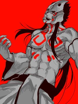 1boy a_nzi_end abirama_redder abs arrancar bleach chest_tattoo commentary_request detached_sleeves helmet highres hollow_mask long_hair looking_at_viewer male_focus nipples open_mouth pectorals red_background simple_background solo tattoo topless_male very_long_hair