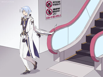 1boy :d agemaki_knot armor asymmetrical_armor asymmetrical_hair black_armor black_gloves black_shoes black_vest blue_hair chinese_knot escalator genshin_impact gloves hair_between_eyes indoors jacket japanese_armor kamisato_ayato long_sleeves looking_ahead male_focus medium_hair open_mouth pants purple_shirt ribbon-trimmed_sleeves ribbon_trim shirt shoes shoulder_armor sign single_sode smile sode solo soranomonooki twitter_username vest walking white_jacket white_pants wide_sleeves