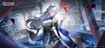1girl absurdres aether_gazer artist_request black_thighhighs breasts closed_mouth copyright_name copyright_notice detached_sleeves gengchen_(aether_gazer) grey_hair hair_between_eyes hair_ornament hair_tubes highres long_hair official_art purple_eyes solo thighhighs white_sleeves