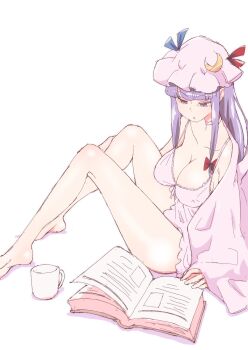 1girl alternate_costume babydoll bad_id bad_pixiv_id bare_legs barefoot blunt_bangs book bow breasts choker cleavage collarbone crescent crescent_hat_ornament cup hair_bow hat hat_bow hat_ornament highres large_breasts long_hair mob_cap mug non_(z-art) on_floor open_book open_clothes open_robe patchouli_knowledge pink_babydoll pink_hat pink_robe purple_eyes purple_hair reading red_bow robe sitting solo touhou white_background