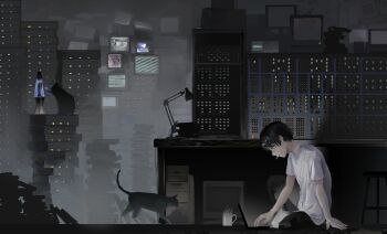 1boy absurdres animal black_hair black_pants cat cigarette computer crt cup desk desk_lamp from_side highres indoors lamp laptop lava_lamp looking_down male_focus monitor mug on_floor original oscilloscope pants profile ratatatat74 shirt short_hair sitting smoke smoking solo steam stool switchboard t-shirt white_shirt wide_shot