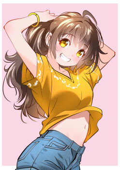 Rule 34 | 1girl, adjusting hair, arms up, blue shirt, border, bracelet, brown eyes, brown hair, collarbone, denim, denim shorts, jewelry, looking at viewer, messy hair, midriff peek, navel, orange shirt, original, outside border, pink background, shirt, short shorts, shorts, simple background, smile, solo, teeth, white border, yamanaka kouji (yanchiki2001)