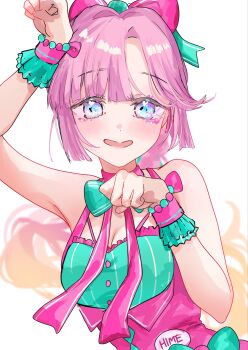 1girl 5th_live_tour_~4pair_power_spread!!!!~ :d absurdres anyoji_hime bare_shoulders blonde_hair blue_eyes blush bow breasts cleavage cleavage_cutout clothing_cutout commentary frilled_wrist_cuffs frills hair_bow highres jin_(oihlf) link!_like!_love_live! looking_at_viewer love_live! medium_breasts name_tag nyao_signyal open_mouth paw_pose pink_hair pink_shirt pink_wrist_cuffs ponytail shirt simple_background sleeveless sleeveless_shirt smile solo symbol-only_commentary wawo!_(love_live!) white_background wrist_cuffs