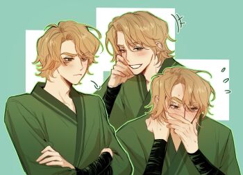 1boy :t averting_eyes blonde_hair blush closed_mouth commentary_request covering_own_mouth crossed_arms dougi eyes_visible_through_hair flustered flying_sweatdrops frown gmlth1249 green_dougi green_eyes green_outline grin hand_on_own_cheek hand_on_own_face hand_on_own_shoulder hand_over_own_mouth highres korean_commentary lloyd_garmadon long_sleeves looking_at_viewer looking_to_the_side male_focus multiple_views ninjago outline pout puff_of_air short_hair simple_background smile sweat the_lego_group upper_body