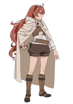 1girl ahoge belt boots brown_boots commentary_request eris_greyrat h4sh1rnoto hand_on_hilt headband highres long_hair looking_to_the_side mushoku_tensei red_eyes red_hair sword_hilt white_background