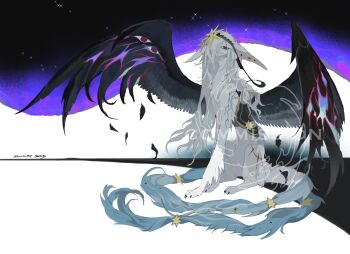 abstract_background black_wings blue_eyes blue_tail falling_feathers feathers full_body hair_over_one_eye highres kamikiririp long_hair multicolored_wings original sitting solo sphinx spread_wings star_(sky) white_fur white_hair white_tail wings