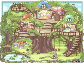 2girls :d animal black_dress blue_flower blunt_bangs border chair chigu chimney closed_eyes closed_mouth cloud commentary_request cooking_pot copyright_name crescent cut-away day door drawer dress flower frog frying_pan grass green_dress grey_hair head_wreath lily_pad long_hair multiple_girls mushroom musical_note official_art open_mouth outdoors outside_border pandora_party_project pillow purple_flower rabbit red_flower short_hair sitting smile spatula spoken_musical_note squirrel stairs swing table telescope tree treehouse white_border window yellow_flower