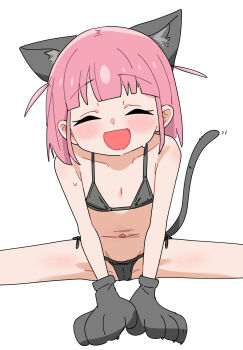 1girl :d ^_^ animal_ear_fluff animal_ears animal_hands bikini black_bikini blunt_bangs blush bocchi_the_rock! cameltoe cat_ears cat_girl cat_paws cat_tail closed_eyes collarbone facing_viewer flat_chest gloves gotoh_futari loli micro_bikini navel open_mouth paw_gloves pink_hair short_hair side-tie_bikini_bottom simple_background sitting smile solo split spread_legs sweat swimsuit tail two_side_up white_background wide_spread_legs youyoukai