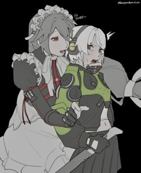 2girls alexandrina_sebastiane anby_demara hand_on_another's_face highres maid meous multiple_girls red_eyes surprised sword twitter_username weapon white_hair zenless_zone_zero