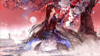 1girl alternate_costume animal_ears arknights armor belt_pouch black_gloves black_hair blunt_bangs blunt_sidelocks cherry_blossoms clothing_request commentary dog_ears english_commentary fingerless_gloves full_body full_moon gloves gradient_background hand_up highres infection_monitor_(arknights) japanese_armor japanese_clothes long_hair long_sleeves looking_to_the_side moon open_clothes pants parted_lips plumw pouch red_eyes saga_(arknights) shirt sidelocks sitting solo tree under_tree wariza white_pants white_shirt