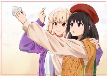 Rule 34 | 2girls, beret, black hair, blonde hair, blush, brown sweater vest, cellphone, commentary, english commentary, finger heart, hat, highres, holding, holding phone, inoue takina, jacket, long hair, long sleeves, lycoris recoil, multiple girls, nishikigi chisato, open mouth, paperca-ke, phone, purple eyes, purple jacket, red eyes, red hat, selfie, shirt, short hair, sidelocks, smartphone, sweater vest, v, white shirt