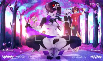 5boys :o animal_ears bare_shoulders black_fur black_hoodie black_pants blonde_hair body_fur breasts brown_hair cat_boy cat_ears cat_tail china_dress chinese_clothes commentary dress english_commentary furry furry_male grey_hair highres hood hoodie male_focus multicolored_hair multiple_boys original panda_boy panda_ears pants park penis pink_dress pink_eyes pita-potato recording red_shirt shirt short_hair small_breasts smile squatting tail taking_picture testicles tongue tongue_out trap two-tone_hair white_dress white_fur ych_commission