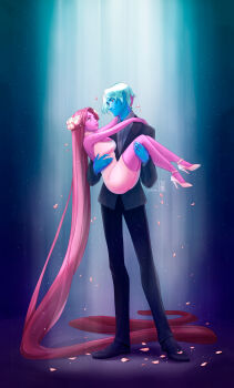 1boy 1girl absurdly_long_hair absurdres artist_name bare_shoulders black_footwear black_pants blue_skin breasts carrying cleavage colored_skin commentary dress english_commentary eye_contact flower formal_clothes hades_(lore_olympus) hair_flower hair_ornament hetero high_heels highres long_hair long_sleeves looking_at_another lore_olympus medium_breasts pants persephone_(lore_olympus) petals pink_eyes pink_hair pink_skin princess_carry red_eyes suit very_long_hair white_dress white_footwear white_hair yukina_tsbm