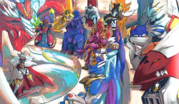 Rule 34 | absurdres, arm blade, armor, blue armor, blue helmet, craniummon, digimon, digimon (creature), dragon, duftmon, dukemon, examon, gankoomon, gold armor, gold helmet, group picture, helmet, highres, jesmon, lordknightmon, magnamon, mecha, omegamon, pink armor, pink helmet, robot, setsu (knint ), sitting, sleipmon, ulforcev-dramon, weapon