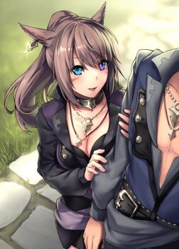 10s 1boy 1girl animal_ears aruma_jiki belt black_bra black_jacket blue_eyes blush bra breasts brown_hair buttons cat_ears choker cleavage cowboy_shot facepaint final_fantasy final_fantasy_xiv grass hair_ornament heterochromia holding_another's_arm holding_own_arm jacket jewelry long_sleeves miqo'te necklace outdoors parted_lips path ponytail purple_eyes road sparkle unbuttoned underwear warrior_of_light_(ff14)