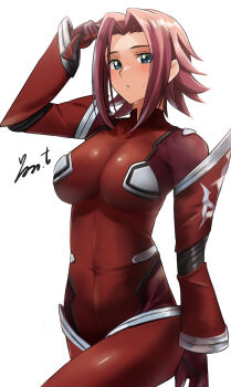 1girl blue_eyes bodysuit breasts code_geass cowboy_shot drivesuit_(pacific_rim) forehead hair_intakes highres kouzuki_kallen large_breasts looking_at_viewer mecha_pilot_suit pilot_suit red_bodysuit red_hair short_hair simple_background skin_tight solo spiked_hair white_background yoo_tenchi