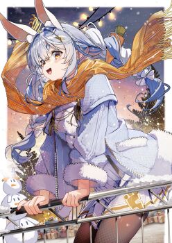 1girl :d absurdres alternate_costume animal_ear_fluff animal_ears black_pantyhose blue_hair blue_jacket braid carrot_hair_ornament commentary_request extra_ears fishnet_pantyhose fishnets food-themed_hair_ornament fur-trimmed_jacket fur_trim hair_ornament hairclip haruhina_purple highres hikimayu hololive jacket long_hair miniskirt multicolored_hair nail_polish open_mouth orange_eyes outdoors pantyhose parallel_hairclips pekomon_(usada_pekora) pleated_skirt rabbit-shaped_pupils rabbit_ears rabbit_girl red_nails scarf short_eyebrows sidelocks skirt smile snowing solo symbol-shaped_pupils thick_eyebrows toenail_polish toenails tree twin_braids two-tone_hair usada_pekora virtual_youtuber white_hair white_skirt yellow_scarf