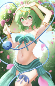 1girl absurdres arabian_clothes armlet armpits artist_name bandeau bare_shoulders belly_dancing bracelet breasts cleavage commentary_request cowboy_shot dancer dancing harem_outfit head_chain highres hyakuya_iori jewelry komeiji_koishi looking_at_viewer midriff navel open_mouth pelvic_curtain signature solo stomach touhou twitter_username underboob