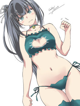 1girl animal_ear_legwear animal_print bra breasts cat_bra cat_cutout cat_ear_legwear cat_ear_panties cat_lingerie cat_panties cat_print cleavage_cutout clothing_cutout embarrassed gakky green_panties green_thighhighs highres kantai_collection kasumi_(kancolle) long_hair looking_at_viewer navel panties print_panties thighhighs underwear