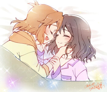 2girls black_hair blush closed_eyes closed_mouth commentary_request hand_on_another&#039;s_face highres holding_another&#039;s_wrist hood hoodie kohinata_miku medium_hair multiple_girls orange_hair pajamas purple_shirt senki_zesshou_symphogear shirt siawaseusagi3i smile tachibana_hibiki_(symphogear) under_covers yellow_hoodie yuri