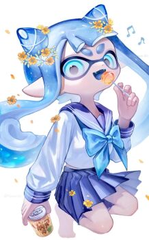 1girl blue_bow blue_eyes blue_hair blue_sailor_collar blue_skirt bow can candy commentary dated_commentary drink_can food full_body hair_horns hair_ornament highres holding holding_can holding_candy holding_food holding_lollipop inkling inkling_girl inkling_player_character lollipop long_hair looking_at_viewer montaro_810 musical_note nintendo pleated_skirt pointy_ears sailor_collar sailor_shirt shirt short_eyebrows simple_background skirt soda_can solo splatoon_(series) splatoon_3 squatting tentacle_hair thick_eyebrows white_background white_shirt x_hair_ornament