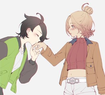 1boy 1girl black_hair blonde_hair blue_eyes blush brown_jacket closed_eyes commentary_request gradient_hair hair_bun hetero highres illycia jacket kiss kissing_hand looking_at_another midriff multicolored_hair nintendo open_clothes open_jacket paxton_(pokemon) pink_hair pokemon pokemon_legends:_z-a profile red_sweater shirt shorts simple_background single_hair_bun sweater taunie_(pokemon) turtleneck turtleneck_sweater two-tone_hair white_background white_shirt white_shorts