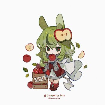 1girl animal_ear_fluff animal_ears apple apple_hair_ornament boots chibi chibi_only closed_mouth commission double-parted_bangs dress food food-themed_hair_ornament fruit full_body gloves green_hair hair_between_eyes hair_ornament highres holding holding_food holding_fruit kanae_(cookie) long_hair looking_at_viewer original rabbit_ears rabbit_girl red_boots red_dress red_pupils simple_background solo standing twitter_username white_background