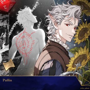 1boy astarion baldur's_gate baldur's_gate_3 chain curly_hair dice dungeons_&amp;_dragons dungeons_&amp;_dragons flower highres looking_at_viewer male_focus multiple_views polyhedral_dice red_eyes scar scar_on_back smile sunflower topless_male white_hair wild5lee