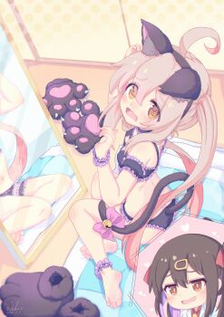 2girls @_@ absurdres animal_ears animal_hands barefoot blush bra breasts brown_eyes cat_ears cat_lingerie cat_paws cat_tail embarrassed fake_animal_ears fake_tail frilled_bra frilled_panties frills gloves highres indoors long_hair looking_at_viewer mirror multiple_girls on_floor onii-chan_wa_oshimai! open_mouth oyama_mahiro oyama_mihari panties paw_gloves petite pink_hair purple_bra purple_panties sitting small_breasts solo_focus tail twintails underwear very_long_hair wuhuo yokozuwari