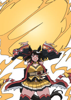 1girl ahoge animal_ears black_hair blush bow breasts chanchanko_(clothes) cleavage cleavage_cutout clothing_cutout detached_sleeves durindana_7 ear_ornament ear_ribbon flower_ornament gaia_force_(digimon) hair_between_eyes hair_ornament highres horse_ears horse_girl horse_tail kitasan_black_(crowning_ooban)_(umamusume) kitasan_black_(umamusume) kouhaku_nawa looking_at_viewer multicolored_hair open_mouth red_eyes rope shimenawa short_hair smile solo streaked_hair tail thighhighs thighs umamusume white_hair