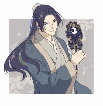 Rule 34 | 1boy, absurdres, border, bun cover, chinese clothes, commentary request, dated, grey background, grey robe, hair bun, half updo, highres, jinshi (kusuriya no hitorigoto), kusuriya no hitorigoto, light smile, long hair, male focus, parted bangs, parted lips, pink eyes, purple hair, robe, solo, takehide, twitter username, upper body, white border