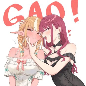 2girls ? bare_shoulders black_dress blonde_hair blush bow braid breasts cheek_squash dress earrings elf gao green_bow hair_bow hand_on_another&#039;s_head heads_together heart heart_earrings highres hololive houshou_marine houshou_marine_(roomwear) jewelry large_breasts long_hair long_pointy_ears looking_at_viewer low_twin_braids multicolored_hair multiple_girls official_alternate_costume open_mouth pointy_ears red_eyes shino_12a shiranui_flare shiranui_flare_(loungewear) sleeveless sleeveless_dress smile streaked_hair twin_braids upper_body virtual_youtuber white_dress white_hair yellow_eyes