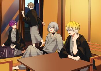 4boys alban_knox alternate_costume bag barefoot bath_yukata black_jacket blonde_hair blue_eyes brown_hair chair closed_eyes commentary_request facial_tattoo feet_out_of_frame fulgur_ovid gradient_hair green_eyes grey_hair indoors jacket japanese_clothes kimono knee_up looking_at_viewer male_focus multicolored_hair multiple_boys nana72710193 nijisanji nijisanji_en noctyx on_chair pink_hair purple_hair scratching_neck short_hair smile sonny_brisko table tattoo uki_violeta virtual_youtuber yukata zaisu