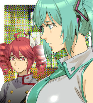 2girls ahoge blue_eyes blue_hair blue_necktie breast_envy breasts chinese_commentary collared_shirt commentary commentary_request drill_hair english_commentary girl_staring_at_guy&#039;s_chest_(meme) grey_jacket hair_ribbon hatsune_miku highres jacket kasane_teto kasane_teto_(sv) large_breasts meme mixed-language_commentary multiple_girls necktie red_eyes red_hair ribbon ruukii_drift shirt synthesizer_v twin_drills upper_body utau vocaloid