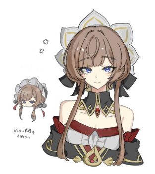 1girl akizuwa bare_shoulders black_collar blue_eyes blush bonnet brown_hair chibi chibi_inset closed_mouth collar cropped_torso detached_collar detached_sleeves dress genshin_impact sandrone_(genshin_impact) short_hair_with_long_locks simple_background smile solo strapless strapless_dress translation_request upper_body white_background