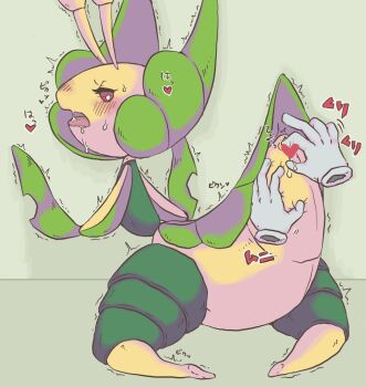 1girl artist_request brown_eyes censored disembodied_hand female_focus fingering furry furry_female gen_5_pokemon heart heart_censor leavanny nintendo pokemon pokemon_(creature) pussy solo