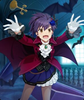 Rule 34 | 1girl, animal, ascot, bat (animal), black cape, black feathers, blue flower, blue rose, blurry, blurry foreground, breasts, brooch, brown eyes, candelabra, candlestand, cape, chain, checkered floor, coffin, cowboy shot, dot nose, dress, etou minato, fang, feather hair ornament, feathers, flower, frilled skirt, frills, game cg, gem, gloves, gold chain, green gemstone, grey pantyhose, hair ornament, halloween, halloween costume, hands up, high ponytail, indoors, jacket, jewelry, layered skirt, looking at viewer, medium breasts, official art, open mouth, outstretched arms, pantyhose, ponytail, purple dress, purple hair, railing, red feathers, red jacket, rose, short hair, short ponytail, sidelocks, skirt, solo, third-party source, toji no miko, toji no miko: kizamishi issen no tomoshibi, tongue, vampire costume, white ascot, white gloves, white skirt, window