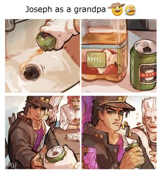 4boys alcohol angry beer beer_can black_hair can chain comic derivative_work drink_can earrings gakuran gloves green_eyes hat jean_pierre_polnareff jewelry jojo_no_kimyou_na_bouken joseph_joestar joseph_joestar_(old) juice kakyoin_noriaki kuujou_joutarou laughing male_focus meltsmelts multiple_boys parody pink_hair pointing pov prank school_uniform signature sink spilling stand_(jojo) star_platinum tears white_gloves white_hair