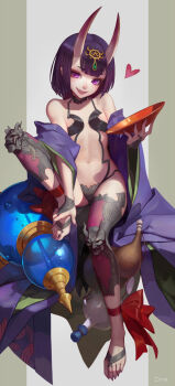 1girl ankle_ribbon artist_name bare_shoulders bottle cup fang fate/grand_order fate_(series) female_focus flat_chest full_body gourd hair_ornament highres holding horns japanese_clothes kimono leg_ribbon long_sleeves navel oni open_clothes open_kimono open_mouth orm_(user_mufz8783) purple_eyes purple_hair revealing_clothes ribbon sakazuki sharp_nails short_hair shuten_douji_(fate) sitting skin-covered_horns solo stomach teeth thighhighs toes wide_sleeves