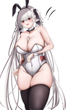 ! !! 1girl @_@ absurdres alternate_costume animal_ears azur_lane bare_arms bare_shoulders black_hairband black_ribbon black_thighhighs blush breasts collarbone covered_navel fake_animal_ears formidable_(azur_lane) hair_ornament hair_ribbon hairband highres large_breasts leotard long_hair open_mouth playboy_bunny rabbit_ears red_eyes ribbon samidarekinoko simple_background solo thick_thighs thighhighs thighs trembling twintails very_long_hair white_background white_hair white_leotard wrist_cuffs