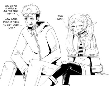 Rule 34 | 1boy, 1girl, :o, black pantyhose, boots, capelet, closed eyes, commentary, crossover, earrings, english commentary, english text, frieren, greyscale, highres, hood, hood down, itadori yuuji, jewelry, jujutsu kaisen, jujutsu kaisen modulo, long sleeves, monochrome, pantyhose, pointy ears, scar, scar on face, shirt, short hair, sitting, sousou no frieren, striped clothes, striped shirt, twintails, wanderjegson, white background