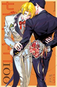 2boys aged_up alternate_costume black_hair black_pants black_suit blonde_hair blue_eyes border bouquet bow bowtie character_age closed_mouth collared_shirt commentary english_commentary flower formal_clothes from_behind haekchi hanazawa_teruki head_on_another's_shoulder highres holding holding_bouquet husband_and_husband kageyama_shigeo looking_at_viewer male_focus mob_psycho_100 multiple_boys orange_background outside_border pants red_bow red_bowtie ship_name shirt short_hair simple_background suit translation_request white_pants white_shirt white_suit yaoi