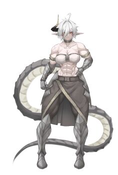 1girl abs absurdres ahoge armlet armor armored_boots azura_anblue belt boots breasts brown_pants choker collarbone commentary dragon_girl dragon_horns dragon_tail earrings english_commentary fang fantasy faulds full_body gauntlets hair_intakes hand_on_own_hip highres horns jewelry large_breasts looking_at_viewer muscular muscular_female original pants pointy_ears scar short_hair single_horn skin_fang solo standing straight-on tail very_short_hair white_background white_hair yellow_eyes