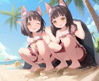2girls absurdres animal_ear_fluff animal_ears arm_garter azur_lane barefoot beach beach_towel between_legs bikini bikini_bottom_pull bikini_pull black_hair blue_sky blush breasts cloneko_(zelmeledf2) clothes_pull commission commissioner_upload day female_focus fox_ears fox_girl frilled_bikini frills full_body hand_between_legs hand_up hands_up highres holding_hands interlocked_fingers loli long_hair manjuu_(azur_lane) multicolored_bikini multiple_girls mutsu_(azur_lane) nagato_(azur_lane) non-web_source ocean one_eye_closed open_mouth outdoors palm_tree pee pee_stain peeing peeing_together red_bikini sand short_hair skeb_commission sky small_breasts squatting swimsuit toes towel tree two-tone_bikini underboob variant_set very_long_hair wavy_mouth white_bikini yellow_eyes