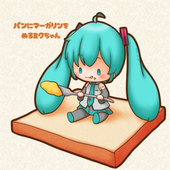 Rule 34 | 1girl, absurdres, ahoge, aqua eyes, aqua hair, aqua necktie, bread, bread slice, commentary request, detached sleeves, food, hatsune miku, highres, long hair, long sleeves, margarine, mini person, minigirl, necktie, on food, pleated skirt, sh1n chan, shirt, sitting, skirt, sleeveless, sleeveless shirt, solo, thick outlines, toast, twintails, vocaloid