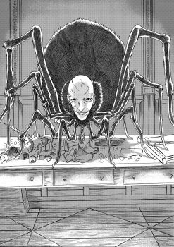 1boy 913kousatu absurdres bald bloodborne bug commentary_request full_body greyscale highres human_head indoors looking_at_viewer male_focus monochrome patches_(fromsoftware) solo spider table