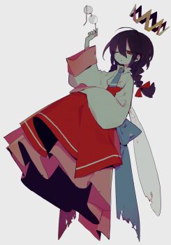 Rule 34 | 1girl, black hair, braid, crown, fairy, fairy wings, glasses, grey background, higa423, highres, kirby (series), kirby 64, long hair, long skirt, low twin braids, nintendo, one eye closed, pink skirt, red eyes, ripple star queen, simple background, skirt, sleeves past fingers, sleeves past wrists, twin braids, unworn eyewear, wings