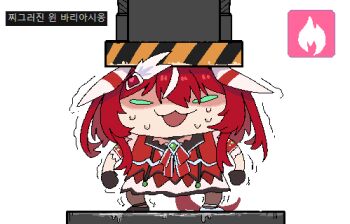 1girl animal_ears chibi commentary dress english_commentary formicid gloves green_eyes horse_ears horse_girl horse_tail hydraulic_press korean_text long_hair lowres open_mouth red_hair solo squishing sweat tail translation_request umamusume win_variation_(dramatic_tutu)_(umamusume) win_variation_(umamusume)