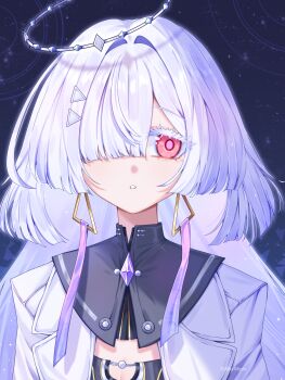 Rule 34 | 1girl, colored eyelashes, commentary, earrings, grey hair, hair intakes, hair ornament, hair over one eye, halo, highres, jewelry, long hair, looking to the side, mornye (wuthering waves), parted lips, portrait, red eyes, sillymyne, solo, triangle earrings, twitter username, wuthering waves